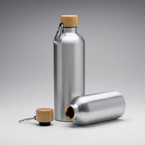 Aluminium bottle with carabiner and bamboo lid Thumbnail