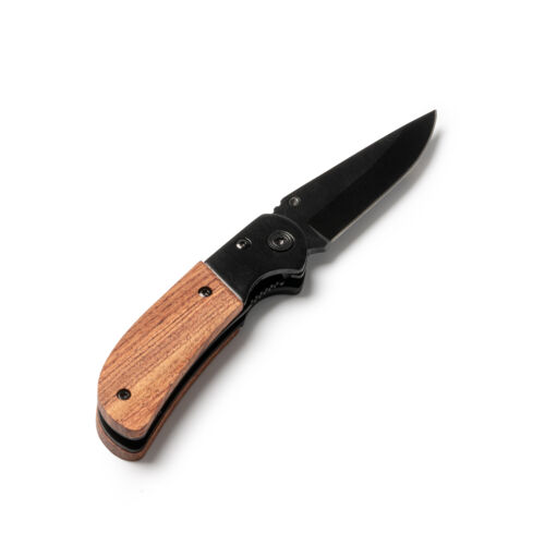 Stainless steel jackknife with blade in black and grip in natural wood Thumbnail