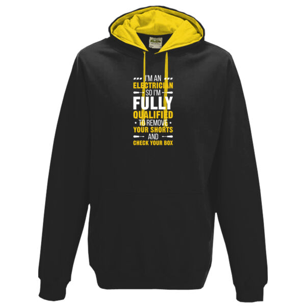 I'm an Electrician, So I'm Fully Qualified to Remove Your Shorts and Check Your Box - Varsity hoodie Thumbnail